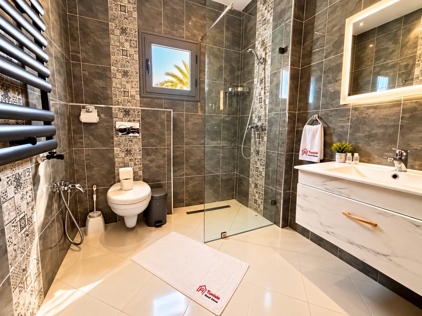Salle de bain anthracite, douche italienne vitrée et vasque suspendue en marbre blanc